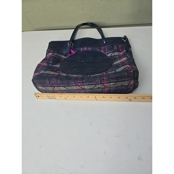 COACH poppy tartan signature tote bag blue/purple F-20109 - Image 9