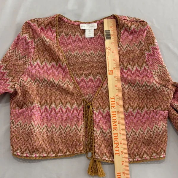 House of Harlow 1960 Pink Brown Chevron Cropped Cardigan Tassel Tie Sweater L - Image 4