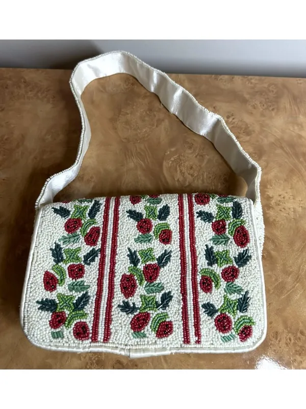 Rachel Zoe Hand Beaded Strawberry Motif Shoulder Bag Cream Baguette Purse Y2K - Image 5