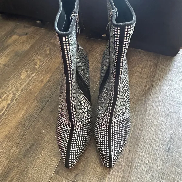 Jolimall Black Rhinestone‎ Mirror Studded Pointed Toe Stiletto Ankle Boots 8 - Image 2