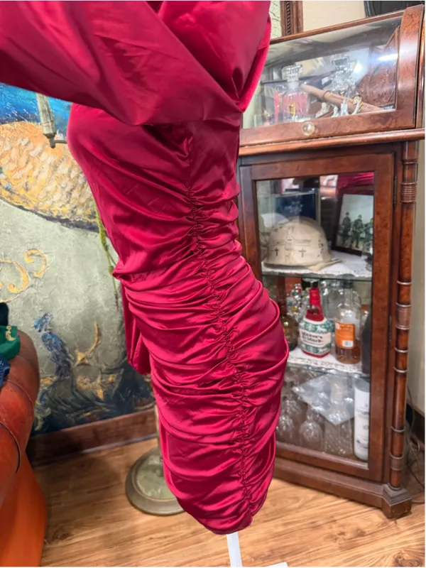 Oh Polly Mini Dress Red Satin Ruched Square Neck Puff Sleeve Cocktail Size 8 M - Image 5