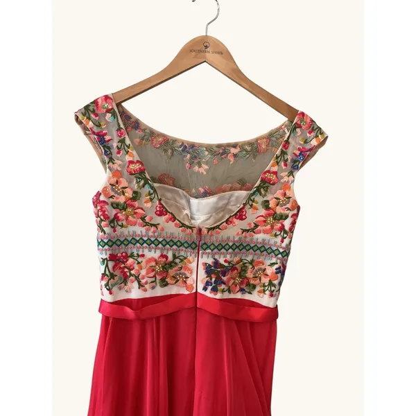 Sherri Hill Red Floral Embroidered Beaded Chiffon A-Line‎ Evening Gown Dress 10 - Image 9