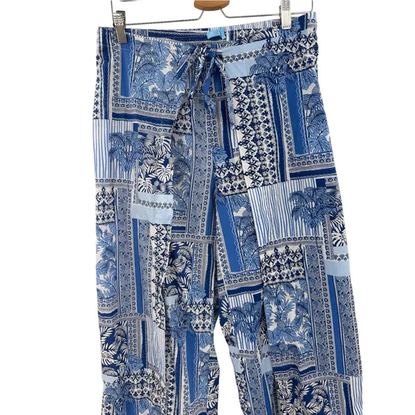 J.McLaughlin Eugene Palm Patchwork Wide Leg Pull On Pants Blue White Size Medium - Image 5