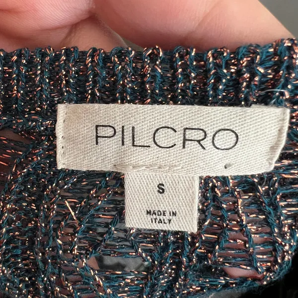 Anthropologie Pilcro Green Metallic‎ Crochet Sweater Boho Holiday Artsy Small - Image 3