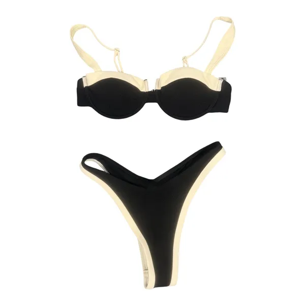 Boutique Black Cream Bikini Set Womens Small Underwire High Cut Thong Swimsuit - Image 3