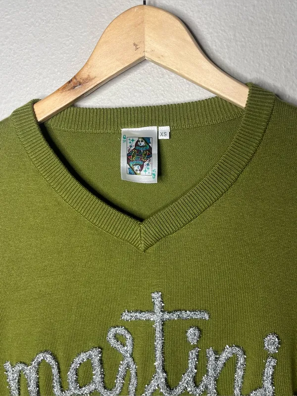 Queen of Sparkles Olive Martini Queen V Neck Sequin Elbow Patches Sweater - Image 5