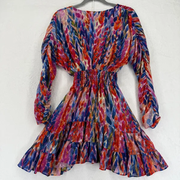 MISA Los Angeles Chiara Dress XS Mini Multicolor Long Sleeve Tiered Sheer‎ Boho - Image 8