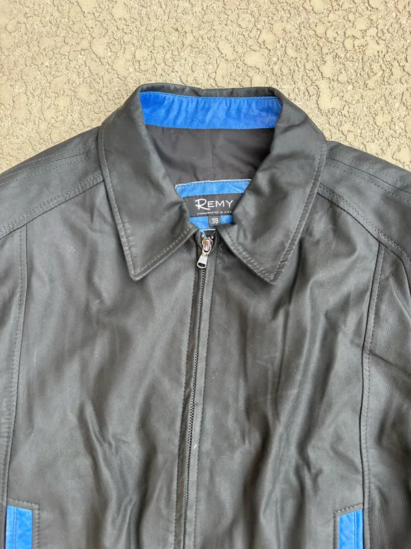 Remy Men's Lambskin Leather Bomber Jacket Black Blue Trim Sz 38 Small - Image 2