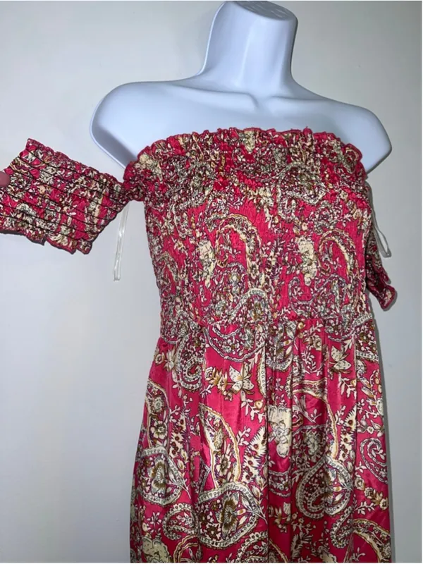 Women's Earthbound Trading Red Beige Paisley Off-Shoulder Maxi Dress XL - Image 2