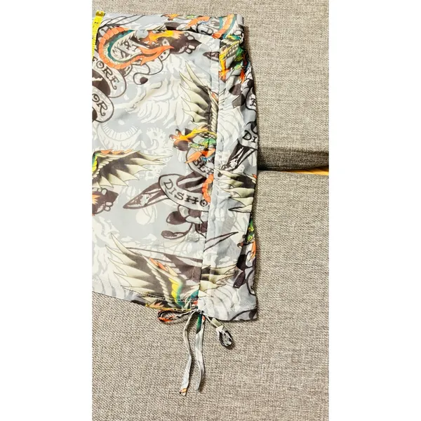Ed Hardy Tattoo print side tie White mesh dragon paisley mini short skirt sz Med - Image 5