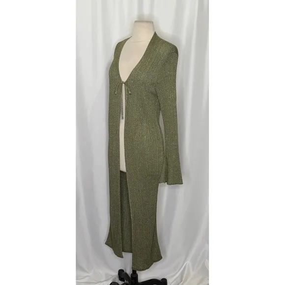 By ANTHROPOLOGIE Long Shine Cardigan Sweater Green Tie Front Knitwear Small - Image 6
