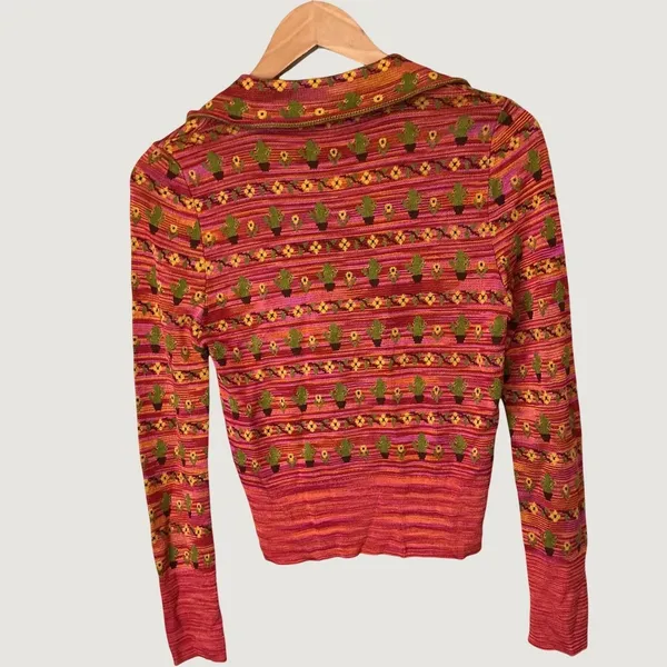 Zara Womens Cactus Floral Knit Cardigan Pink Orange Small Long Sleeve Button Top - Image 3
