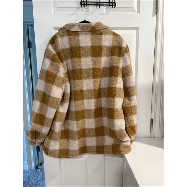 Rylee + Cru Tan and Cream Plaid Wool Sherpa Shacket Coat - Image 3