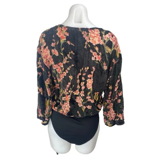 Honey Belle Multicolor Velvet Velour Floral Faux Wrap Long Sleeve Blouse Top M - Image 2