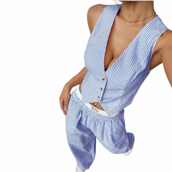 Sz L Private Label Blue Striped Vest and Pants Set New - Image 4