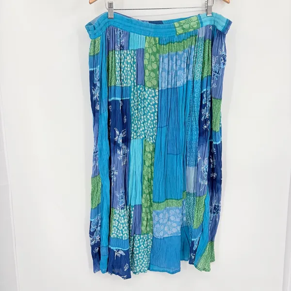 Phool Patchwork Boho Maxi Skirt Sz XL Hippie Festival Crinkly Lagenlook Blue - Image 7