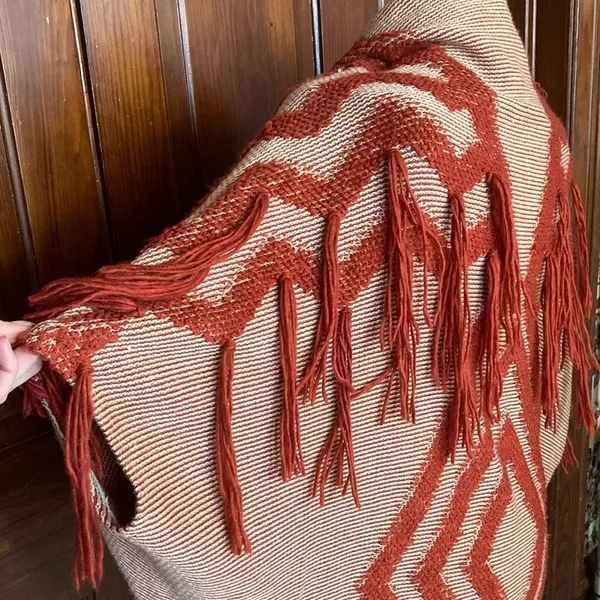 Free People Boho Diamond Fringe Kimono Cardigan Cacoon Knit Sweater Red One Size - Image 5