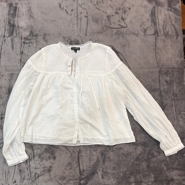 NWT J.Crew Smocked Cotton Popover top in cotton voile Blouse White Eyelet Trim M - Image 3
