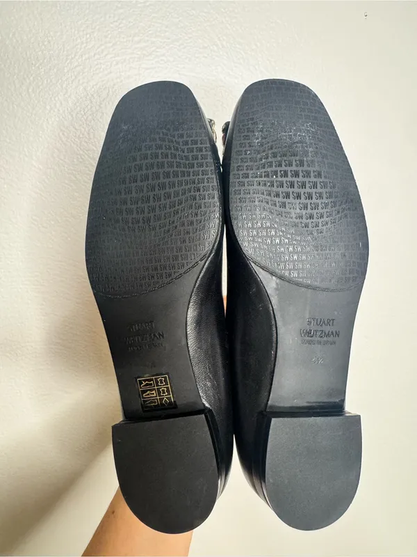Stuart Weitzman Black Leather Chain-Trim Ballet Flats Shoes - Image 6