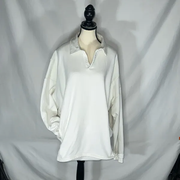 FP Movement Free People White French Terry V-Neck Oversized Polo Sweatshirt Lg - Image 2