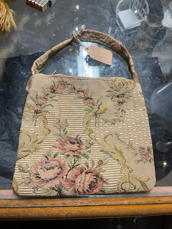 Antique/Vintage Floral Tapestry/Carpet Bag Material Hand Bag in Beige and Pink - Image 2
