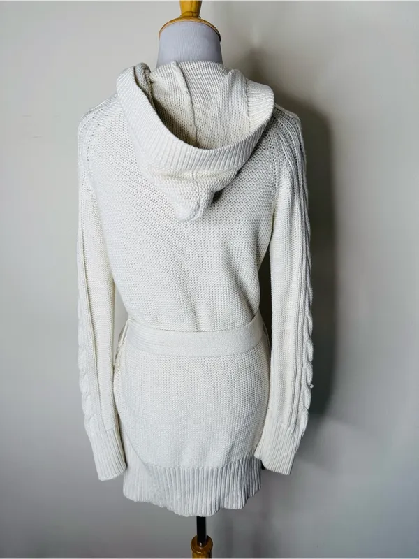 GAP Ivory Y2K Cable Knit Belted Hooded Long Cardigan Sweater - Image 5