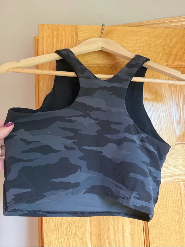 Athleta Conscious Crop Tank Top Black Gray Camo Sports Bra Powervita Small - Image 3