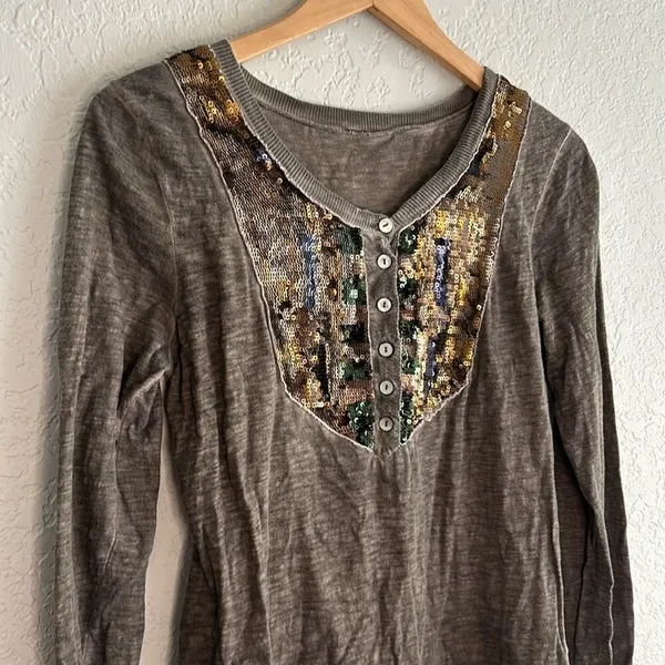 Free People Henley Sequin Bib Brown Long Sleeve T-Shirt Small - Image 3
