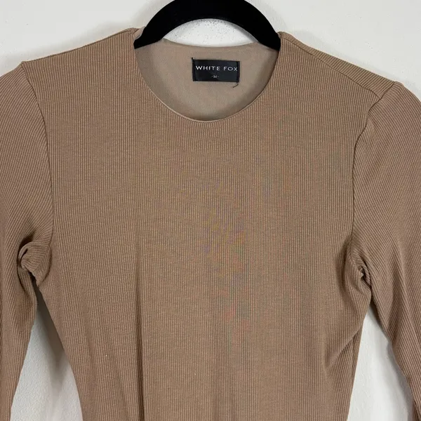 White Fox Ribbed High Neck‎ Long Sleeve Bodysuit in Tan Size Medium - Image 3