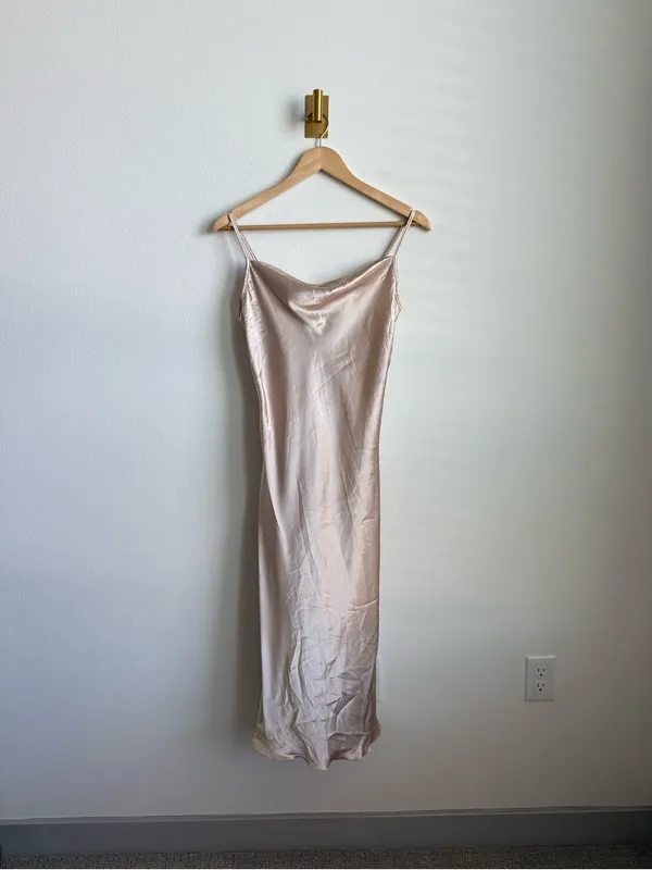 Bebe Satin Cowl Neck Slip Midi Dress Champagne Gold XS - Image 6