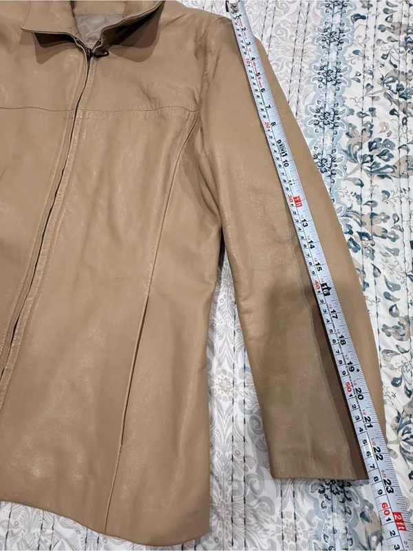 Vintage Victoria Genuine Leather Jacket M Taupe Minimalist Y2K Zip Quiet Luxury - Image 10