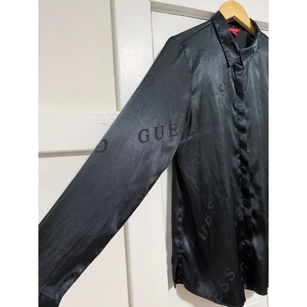 Vintage Guess Los Angeles Black Satin Logo Jacquard Button Down Shirt Large - Image 5
