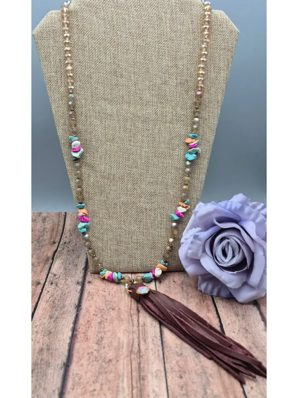 Handmade Bohemian Style Beaded Necklace Colorful Stone & Brown Leather Tassel Pendant 32" - Image 4