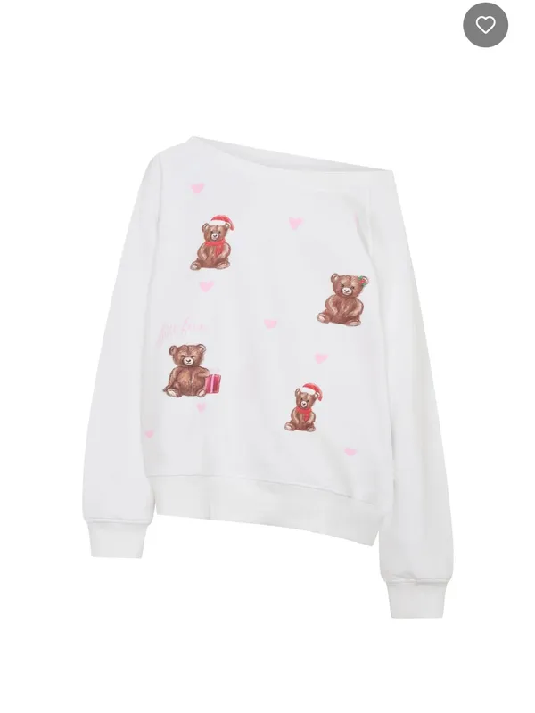 White Fox Boutique Off-Shoulder White Sweater with Teddy Bear Print - Image 2