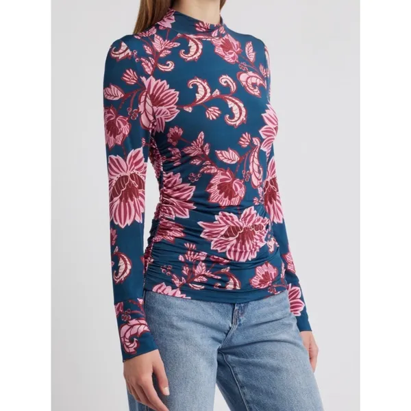 NWT Farm Rio‎ Flower Delicacy Dark Blue Floral Jersey Top Small Ruched Tropical - Image 5