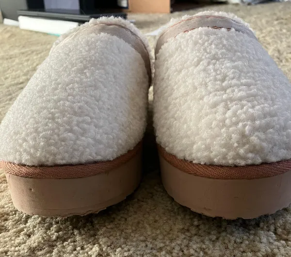White Tan Womens Teddy Fleece Platform Clog Slippers - Image 4