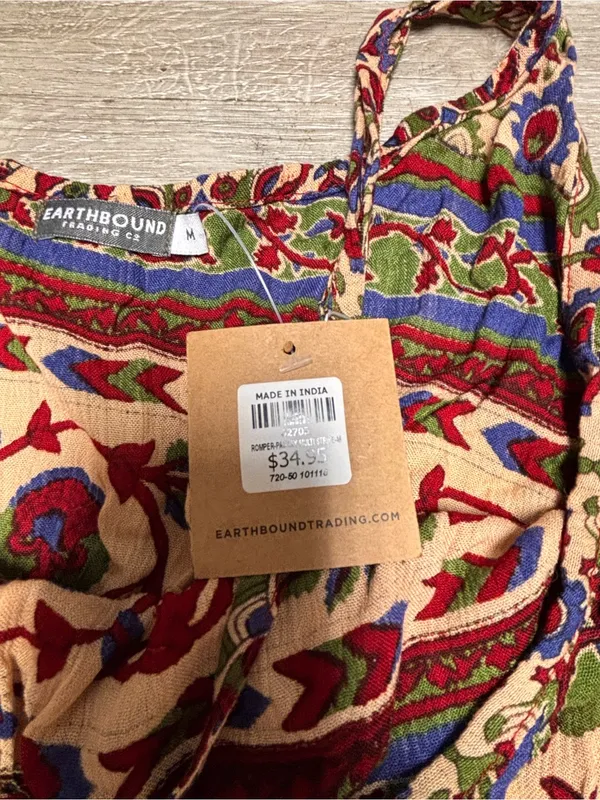 Earthbound Trading Co. Boho Blue Tan Paisley Floral Print Romper Womens Medium - Image 2