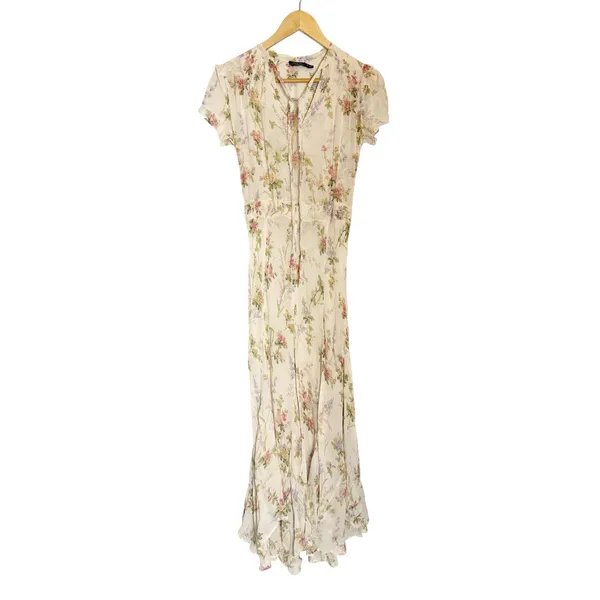 Polo Ralph Lauren Ivory Garden Floral Print Tie Neck Chiffon Maxi Dress Size XS - Image 7