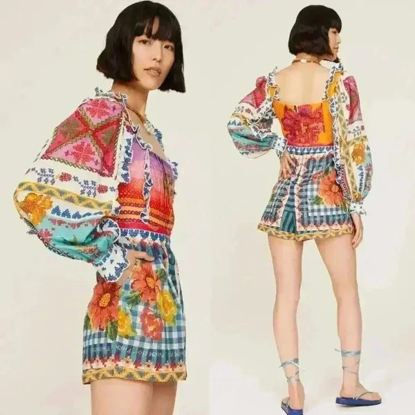 Farm Rio Summer Vibe Romper Ruffled Embroidered Square Neck Patchwork Size M - Image 2