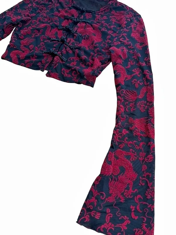 Soly Hux Dragon Print Mesh Crop Top Chinese Frog Button Bell Sleeve NWT Size XS - Image 4