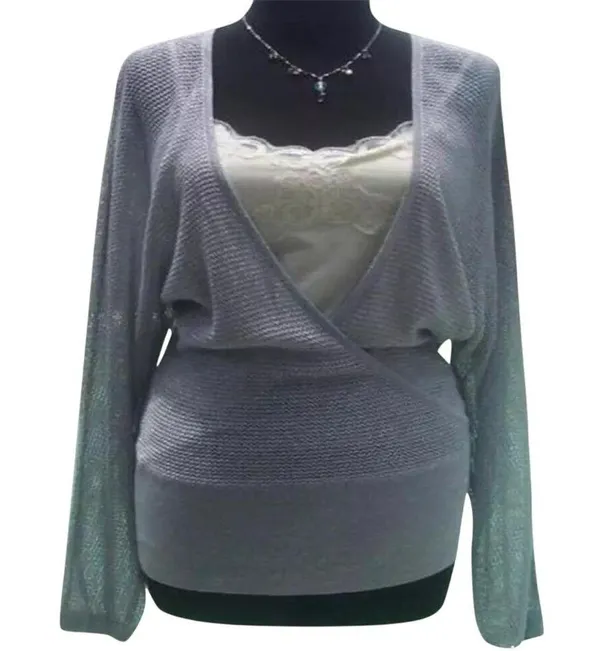 Cache Knit Silver Metallic Peek A Boo Faux Wrap Top New Banded Bottom $98 NWT - Image 3