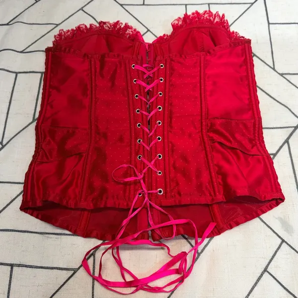 Victoria's Secret Corset Top 36C Red‎ Excellent Lace Up Satin Polka Dot Bow - Image 10