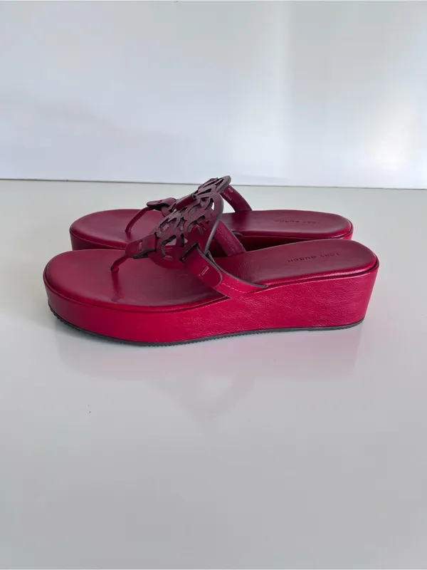 Tory Burch Miller Platform Wedge Sandals Leather Red 8.5 - Image 4