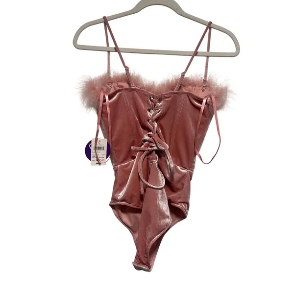 Windsor Pink Velvet Feather Trim Bodysuit Size S - Image 4