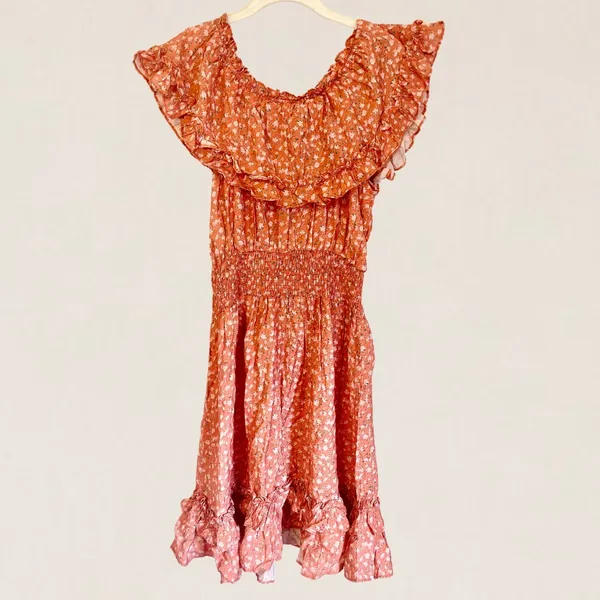Kori America Orange Ditsy Floral Smocked Off The Shoulder‎ Mini Dress Size Small - Image 6