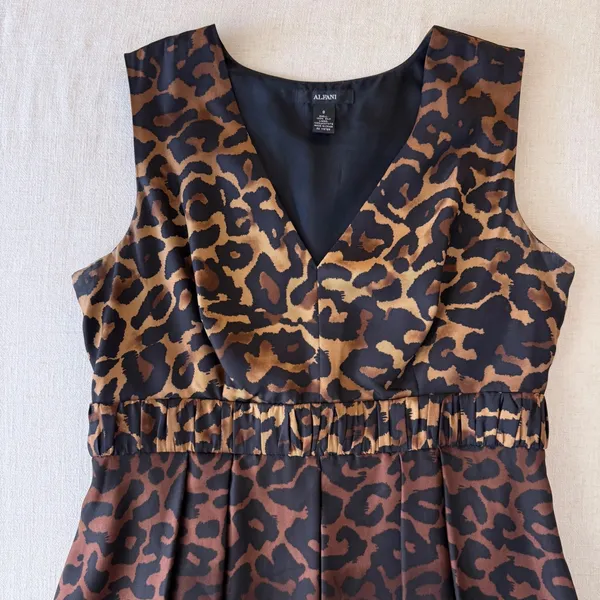 Alfani Womens 100%‎ Silk Leopard Print V-Neck Pleated A-Line Dress Brown Black 8 - Image 6
