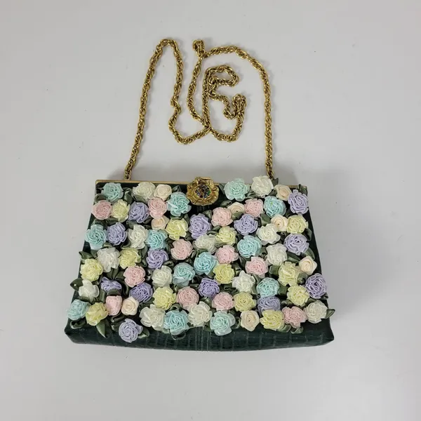 Andé Womens Clutch Bag Green Croc Embossed Pastel Floral Applique Gold Chain - Image 5