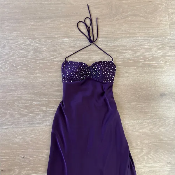 Azazie Maxi Dress Satin Beaded Valerinaire Grape Vacation Size US 0 Purple - Image 2
