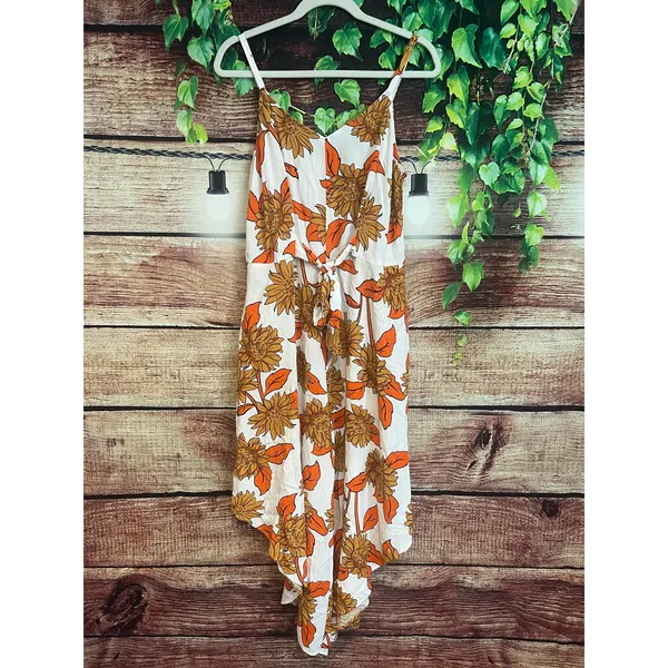 Free People Ivy Street Wide Leg Sunflower Jumpsuit Large Fall Leaves Boho Flowy Orange Crop - Image 4