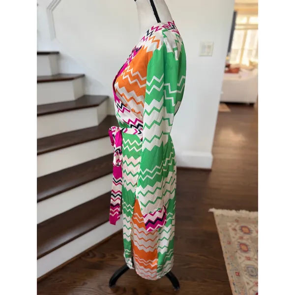 Never Fully Dressed Orange Green Chevron Long Sleeve Wrap Satin Midi Dress - Image 3